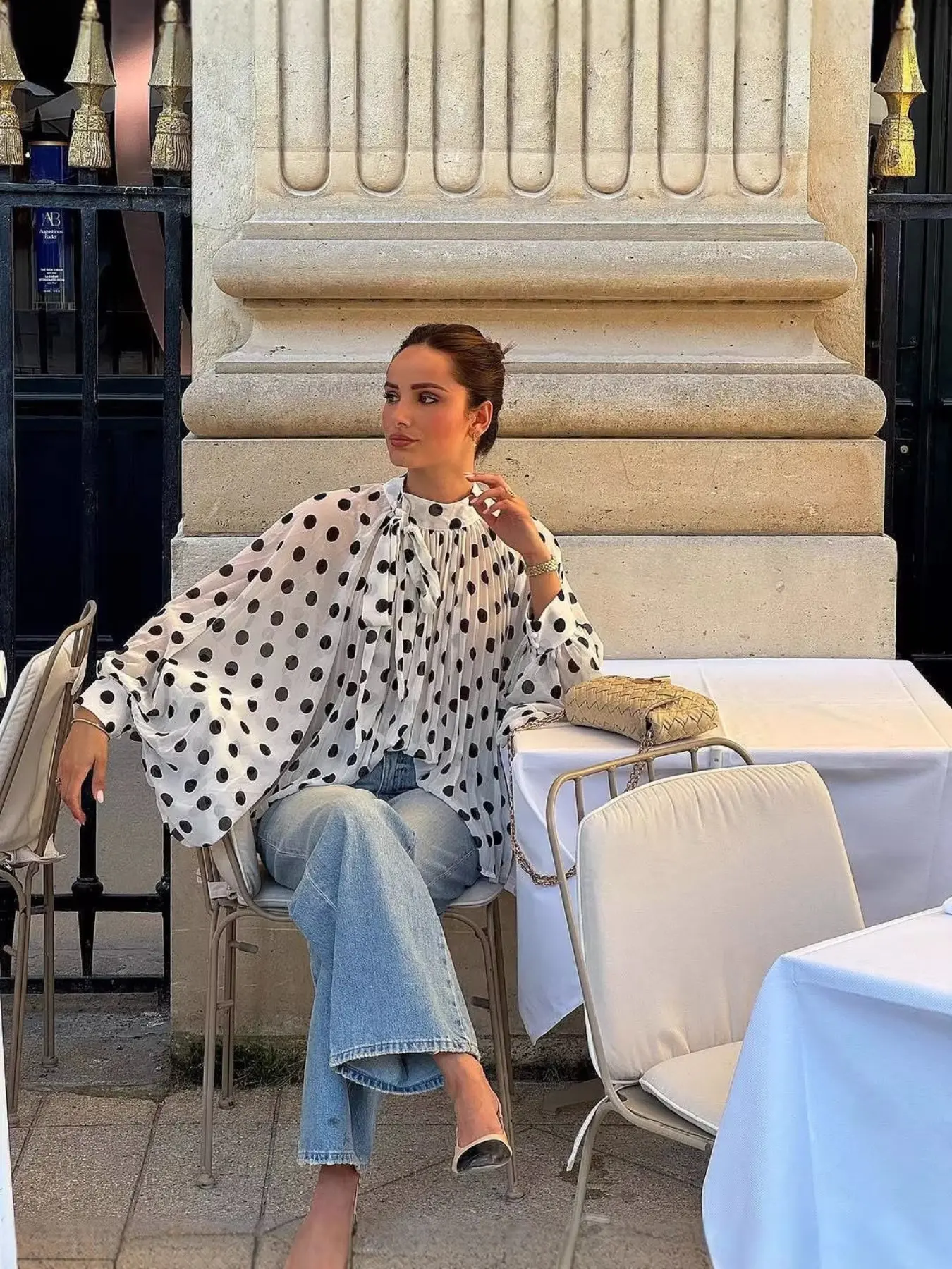 Summer New French Polka Dot Stand Collar Lightweight Chiffon Shirt, Tie Butterfly Knot Loose Lantern Sleeve Blouse, Elegant Chic Versatile Top