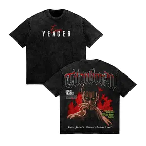 Eren Yeager Attack on Titan Graphic Tee Vintage Acid Wash Oversized T-Shirt Men Women 260GSM Heavy Cotton Y2K Streetwear Manga Top 2D Flat Print Japanese Anime Clothing Rumbling Casual Drop Shoulder Shirt TikTok Viral Cosplay Gift Founding Titan Merch!