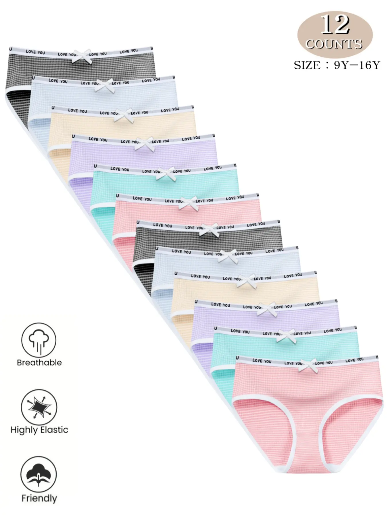 12-Piece Seamless Ribbed Set, Multi-Colored Sizes (9y-16y), Striped Bow Design, Youth Underwear Girls' Knit Fabric Under Clothing, Breathable & Comfortable