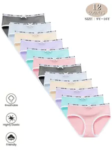 12-Piece Seamless Ribbed Set, Multi-Colored Sizes (9y-16y), Striped Bow Design, Youth Girls' Fashion Underwear, Casual Soft Panties, Breathable & Comfortable