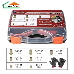 860Pcs Rivet Nut Kit, SAE UNC Rivet Nut Assortment 6#-32,8#-32,10#-24,1/4“-20,5/16”-18,3/8“-16,1/2”-13, Zinc Plated Finish. Carbon Steel Flat Head Insert Threaded Rivet Nut Tool Kit with Housing for Automotive, Furniture and Industrial Projects screw nut