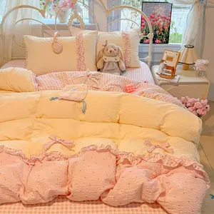 3pcs Elegant Ruffled Plaid Patchwork Bedding Set, Cute Sweet Girl Duvet cover set (1 Duvet Cover + 2 Pillowcases), Soft Breathable Fabric