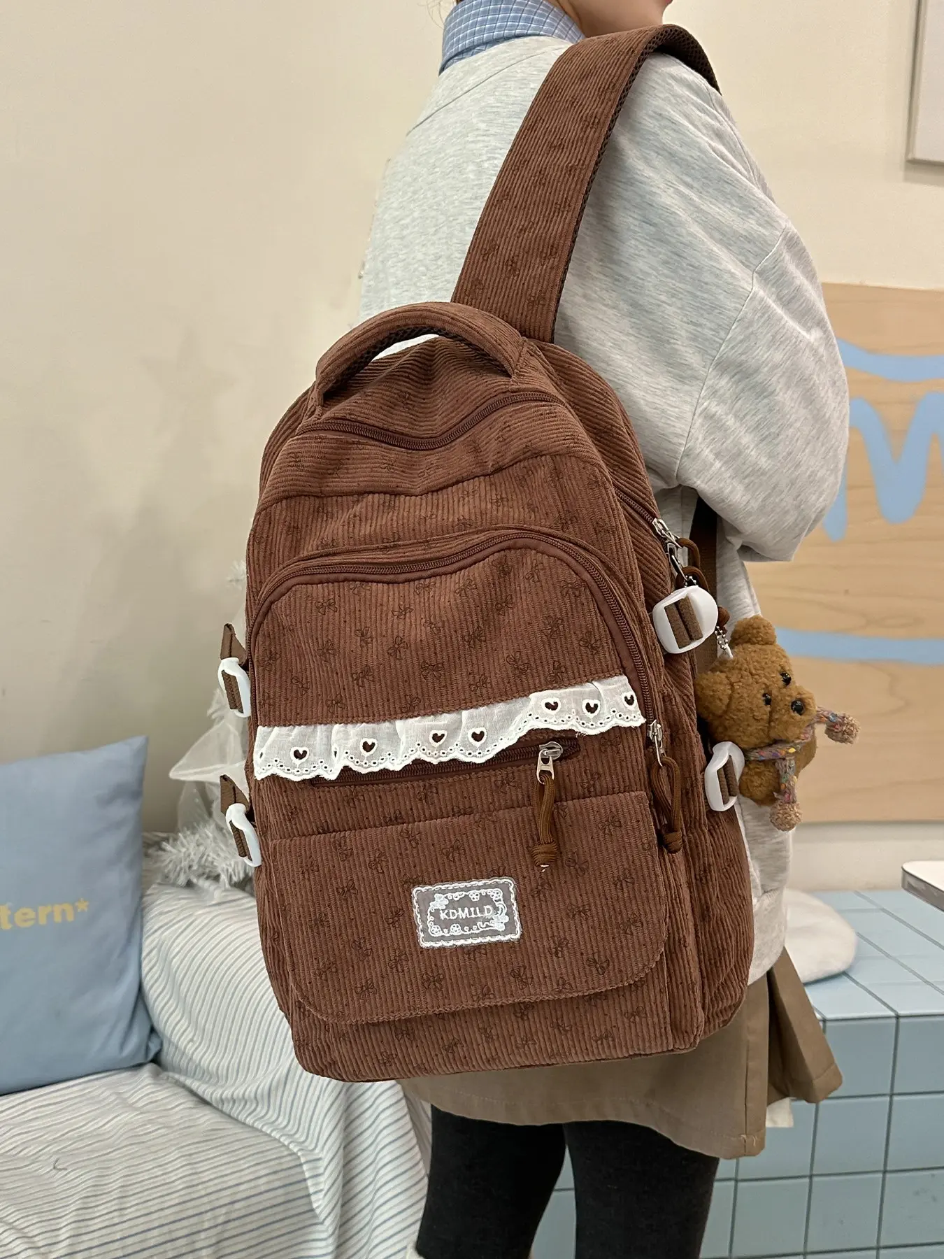 1pc  Lace Cute backpack with bow and full print, super gentle zipper closure texture, soft and sticky bag, large capacity suitable for students to go to school and commute, super sweet women's backpack, Multi Compartment Design