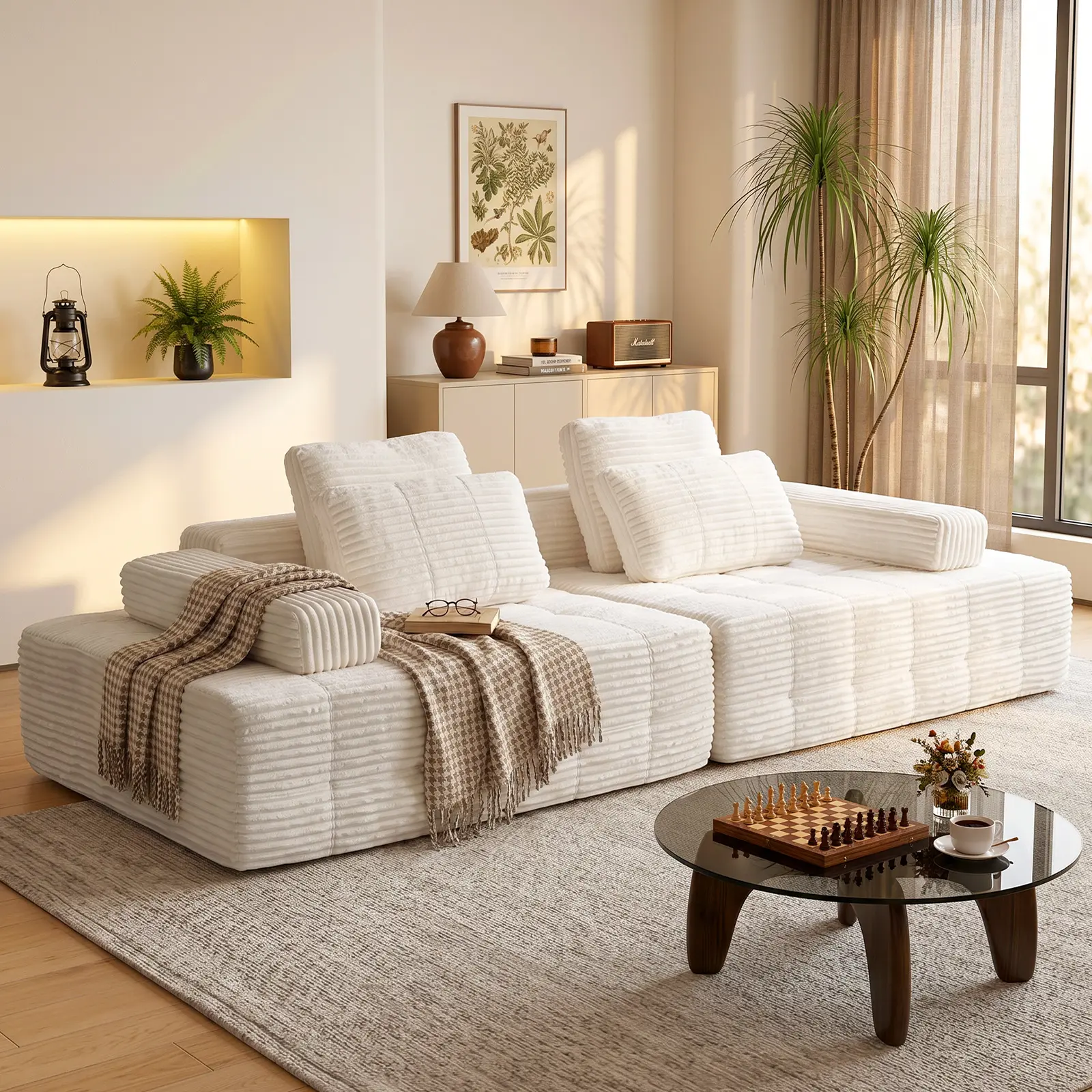 113" Corduroy Upholstered Sectional Sofa - Fixed Arms, 2-4 Seats, Lumiere Cloud/Mist Haven/Noir Etoile, Glam Modern Indoor Furniture, 2-Package Shipping, Configurable Soft Modular Sectional Couch with Cushion for Living Room