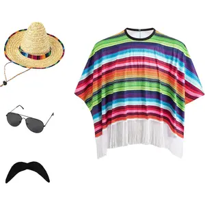 Mexican Fiesta Outfit Set for Boys, Kids Cinco De Mayo Dress Up with Serape Poncho, Sombrero Hat, Sunglasses & Mustache