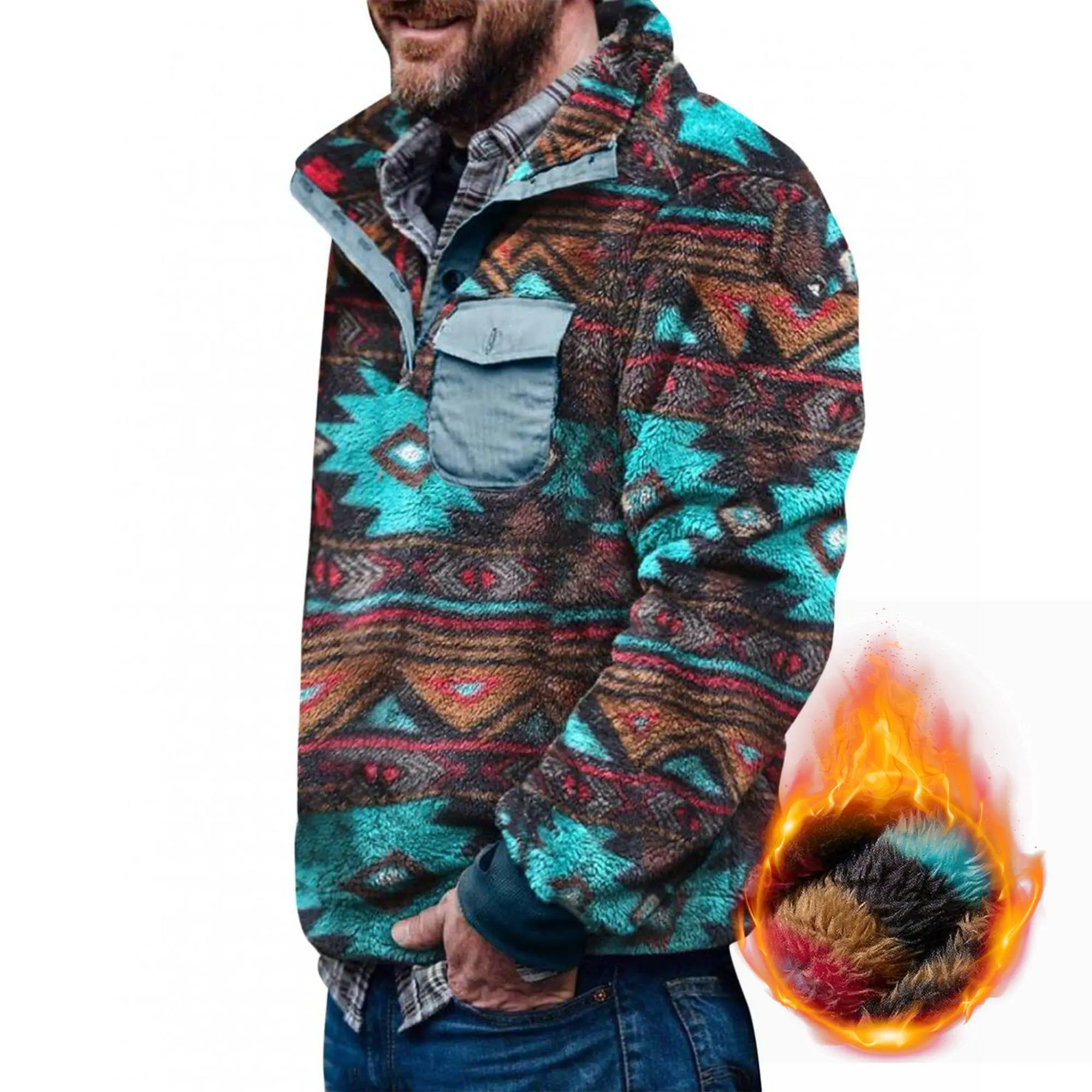 PASLTER Aztec Fleece Jackets Fuzzy Sherpa Sweatshirts Button Down Pullover Coats Western Vintage Sweaters with Pocket B1Y107 Menswear Hoodie