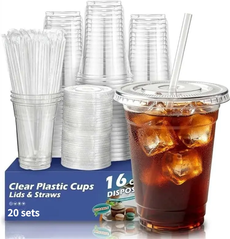 20 Pack 16 oz Disposable Clear Plastic Cups with Lids and Straws | To Go,BPA-Free,Heavy Duty,Leak-Resistant,for Iced Coffee,Cold Drink,Smoothie,Matcha,Juice,Dirty Soda,Party,Medium Size,Bulk durable drinkware