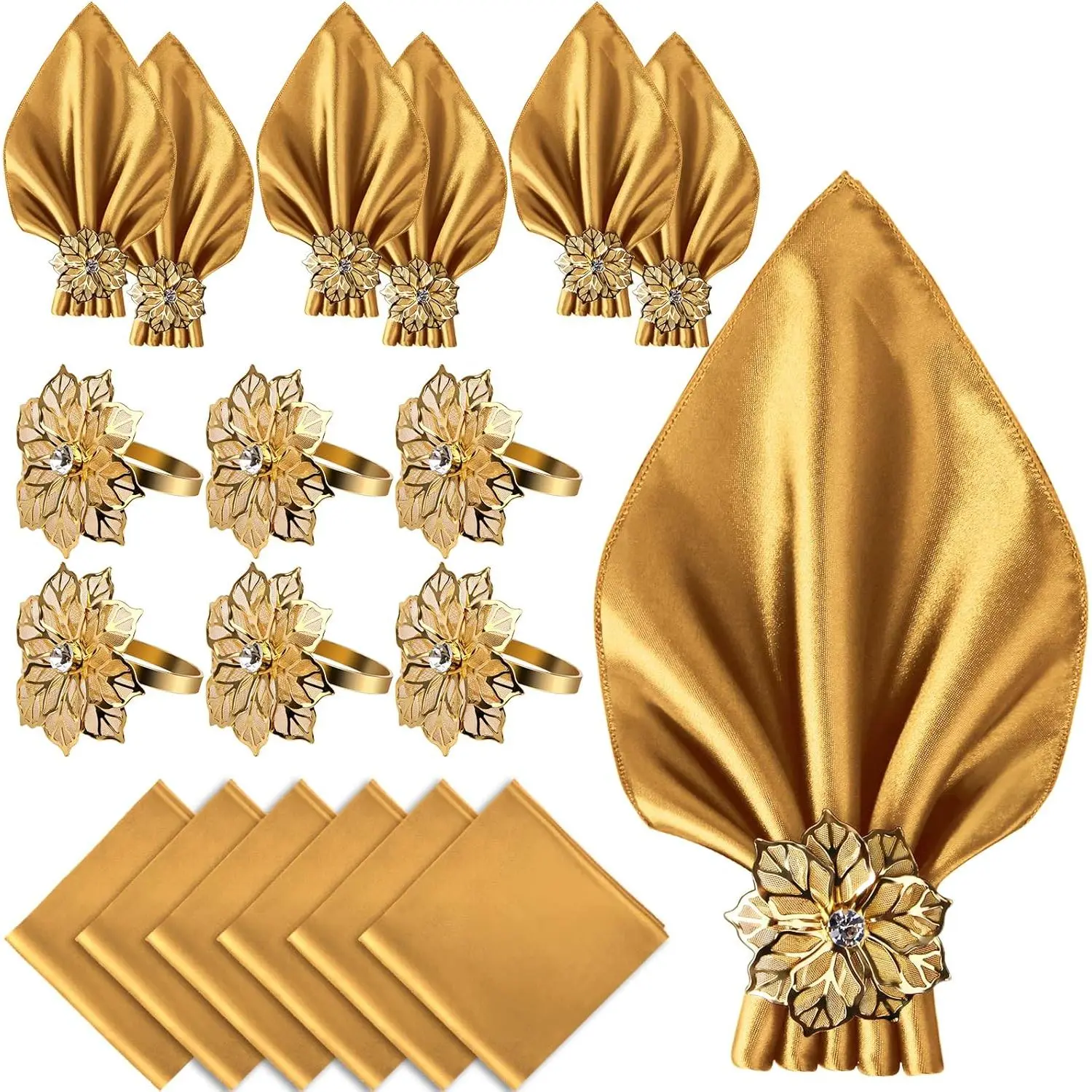 12 Pack  Napkin Rings and Cloth Napkins Set of 6, 17x17 Satin  Napkins Bulk Table Napkins Holder for Wedding Reception Personalized Napkins Bridal Shower for Party Decorative