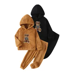 4-piece winter boy hooded bear cute cartoon printed fleece suit skin-friendly comfortable wild outdoor warm boy long sleeve and trousers children's suit