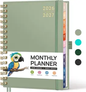 2026-2027 Monthly Planner,Jan 2026 - Dec 2027 Medium Size 5.7" x 8.3" 2026-2027 Calendar 24-Month Tabs Flexible Plastic Cover Spiral-bound 100 GSM Thick Paper Light Green