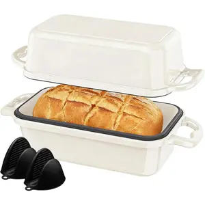 Enameled Cast Iron Sourdough Bread Dutch Oven, Loaf Bread Pan for Homemade Bread Baking, 2PCS 8.5 x 4.5 Inch Meatloaf Pan with Lid, Oven Safe, Cream