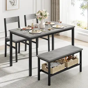 Modern Space Saving Dining Table Set for 4 – Kitchen Table with Chairs & Bench – Compact Metal Frame, Storage Rack – Ideal for Apartment or Small Dining Room