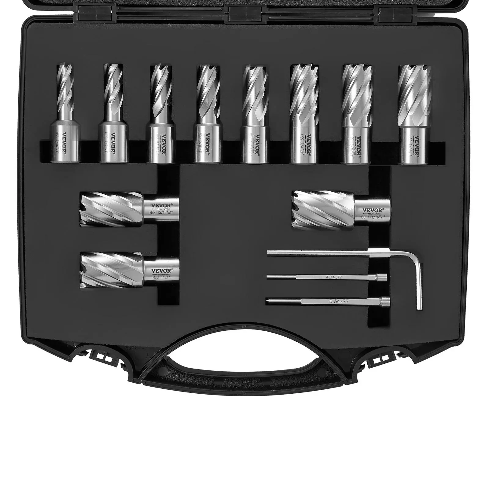 【Summerfinds】VEVOR 13-Piece Annular Cutter SetWeldon Shank Mag Drill Bits (7/16"-1-1/16" Cutting Diameter1" Cutting Depth)M2AL HSS2 Pilot PinsHex WrenchPortable CasePower Tool Tool Accessories for Magnetic Drills, High-Speed Steel, M2al Heat Resist, Metal