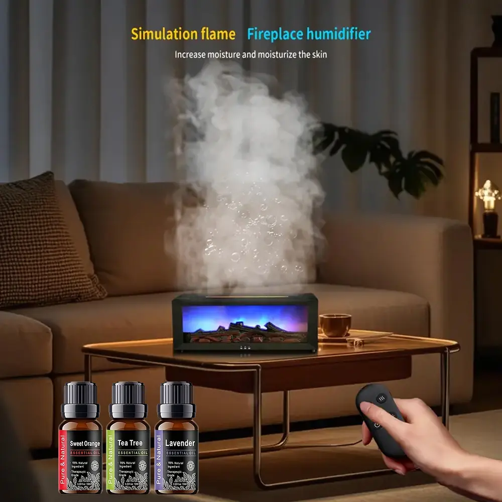 Ultrasonic Quiet Simulation Fireplace Flame Aroma Diffuser - 7-Color RGB 3D Fire Effect Humidifier with Remote Control, 3 Plant Essential Oil Bottles for Bedroom Home Decor Gift