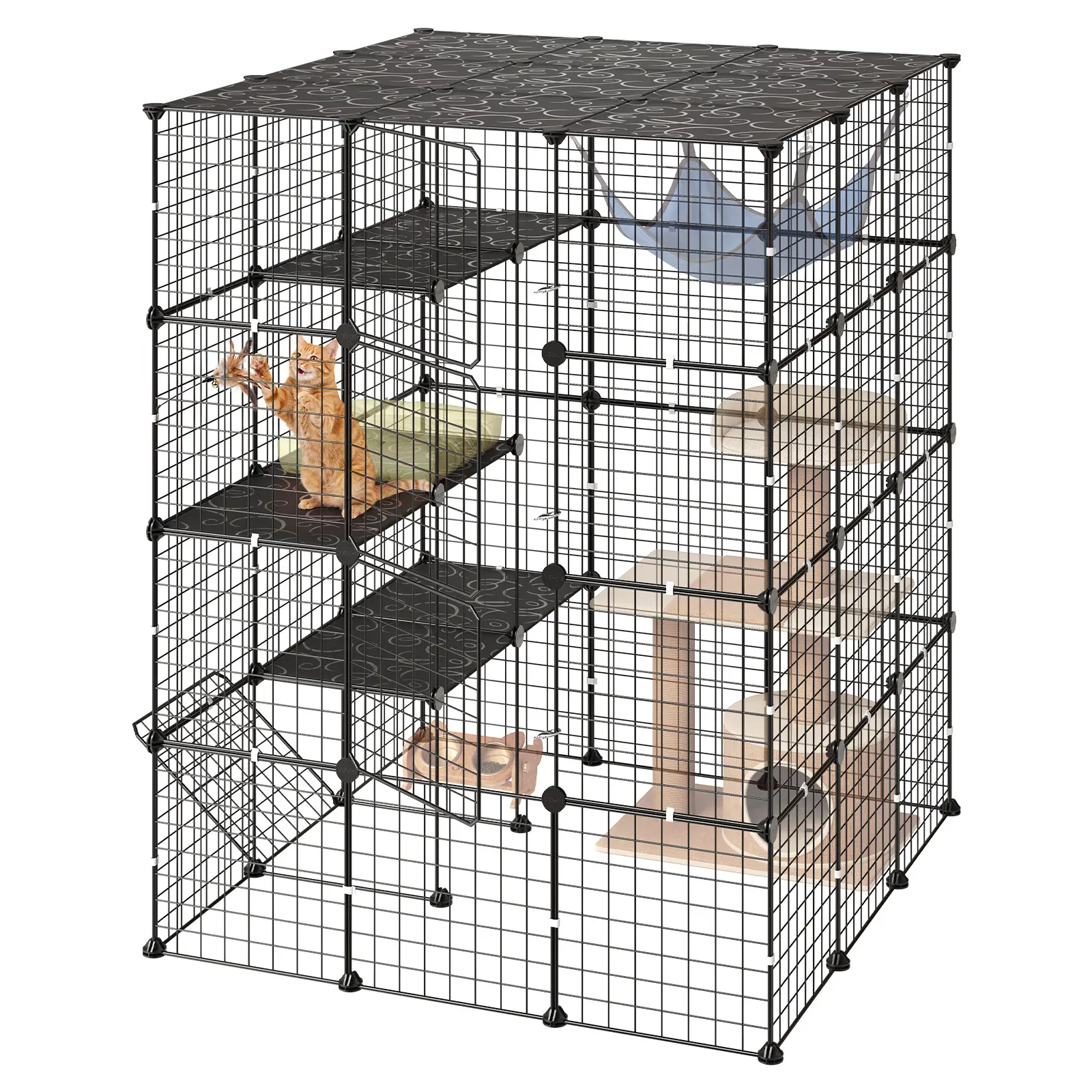 【SummerFinds】VEVOR Cat Cage 4-Tier 104.1x104.1x139.7 cm DIY Cat Playpen Indoor Enclosure, Detachable Metal Wire Kennel Crate with 4 Doors, Large Exercise Place Ideal for 2-3 Cats, Kittens and Small Animals, Black