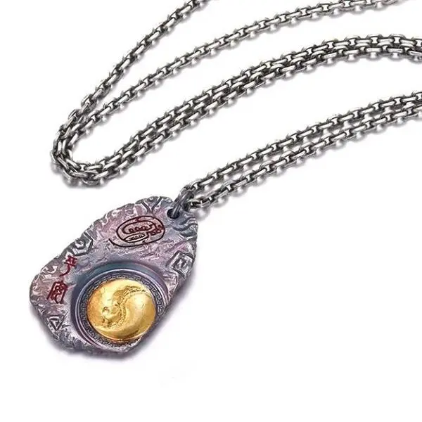 Taoist Consecrated 8-Trigram Taiji Golden Light Script Titanium Steel Pendant Necklace for Men Fathers, Vintage Antique Silver Traditional Chinese Religious Statement Jewelry, Yin-Yang Balancing Accessory, Approx. 15g All Occasions, Yin-Yang Turn