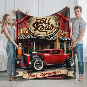 Vintage Classic Red Hot Rod Car Blanket Retro Diner Print Fleece Throw for Living Room Couch Bedroom Use Perfect for Car Enthusiasts and Auto Lovers Ideal Holiday Gift for Christmas Thanksgiving Birthdays and Special Occasions Lightweight Cozy Blanket