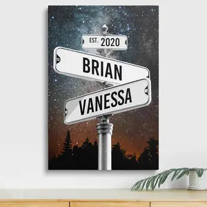 Personalized Vintage Street Sign Canvas for Couples Custom Name Date Crossroad Wall Art Wedding AnniversaryCustom PosterStretched Ornaments  Decoration  bedroom decor room decor for men room decor for girls Modern Minimalist Design Gift Print Artistic
