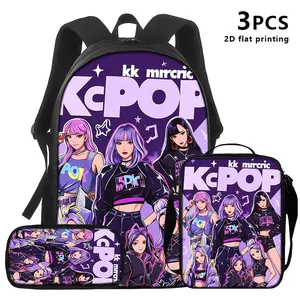 3pcs Fashionable Backpack, Crossbody Bag, and Pencil Case |   Purple K-Pop Anime-Style Print, Ideal for Daily Commute, Study, or Travel, Elegant Oxford Fabric with Adjustable Strap and Zipper Closure