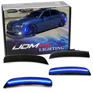 iJDMTOY 4pc Set Black-Out Smoked Lens All Blue Front & Rear Full LED Side Marker Lights For 2015-2023 Chrysler 300 (Total 180-SMD LED, Replace OEM Amber/Red Lens Sidemarkers)