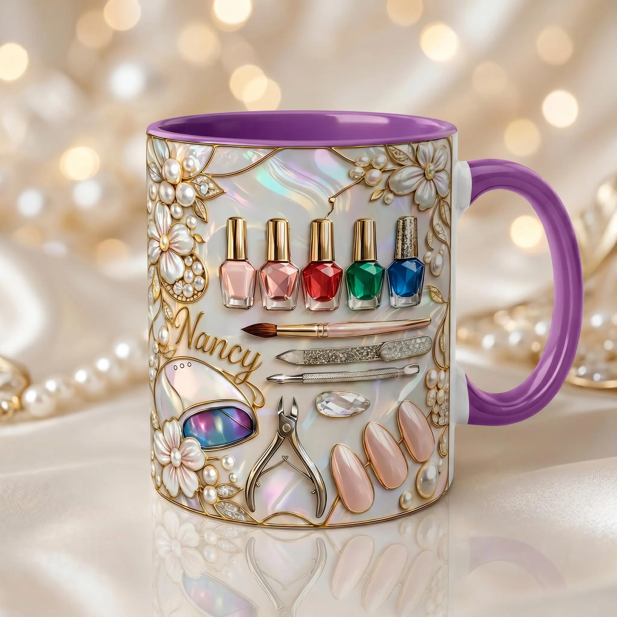 Personalized Nail Tech Mug 2D Printed 3D Effect Coffee Cup, Custom Name Inflated Manicure Design Ceramic Mug for Nail Artist Beauty Salon Decor, Girly Gift Idea for Her Women Friends Birthday Appreciation Present