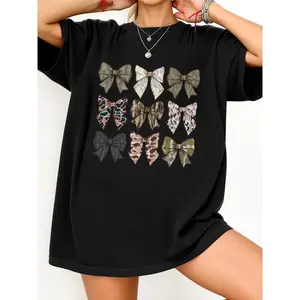 Women's Casual Camo Bow Tie Printed T-Shirt - spring/summer loose short sleeve breathable top, machine washable everyday wear, fashionably designed comfort fit