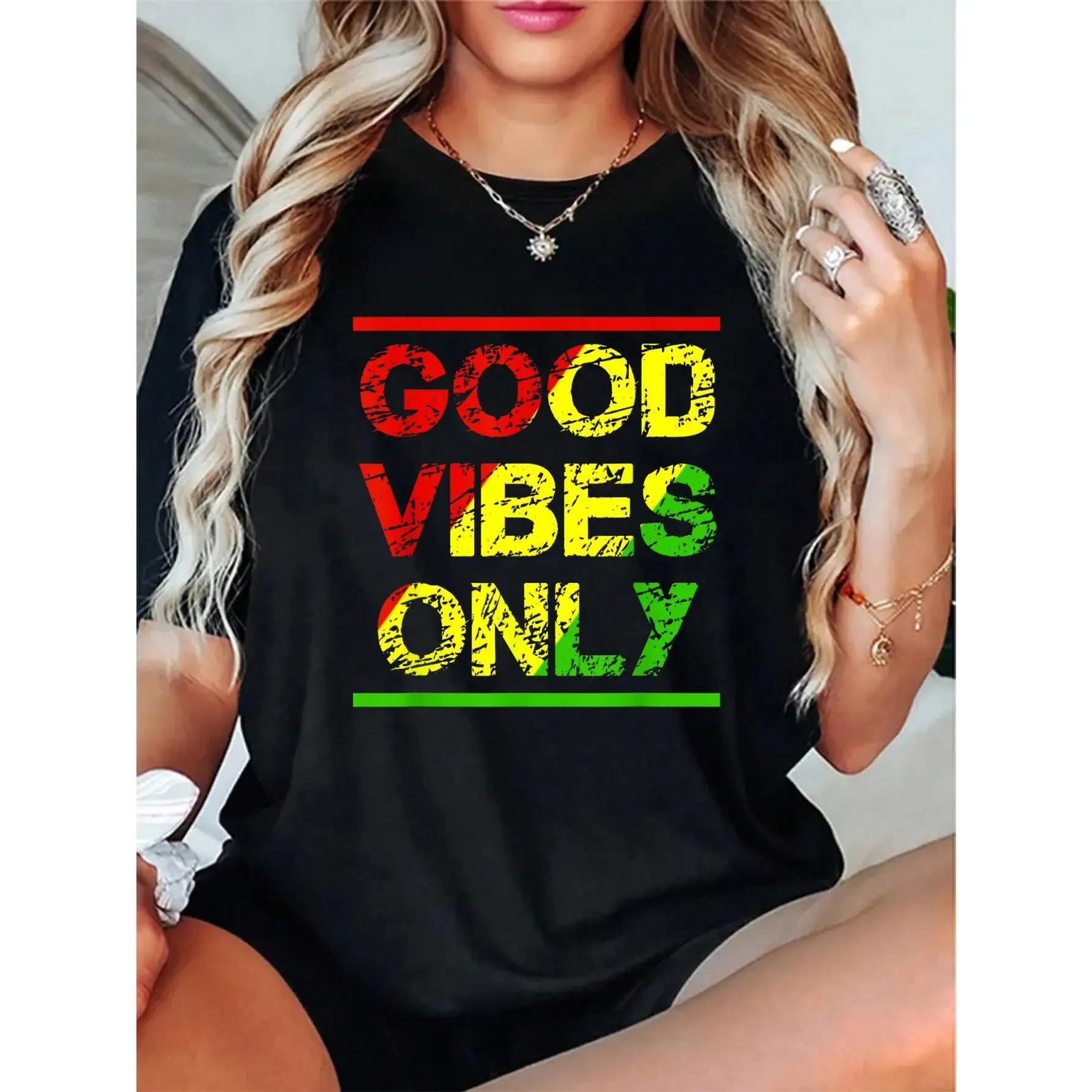 Women's Reggae Style Tee in Breathable 100% Cotton, Casual Streetwear Top with Rasta Good Vibes Only Design, Soft, Cute, Relaxed Fit, Breathable Fabric, Digital Print, T-Shirt, Everyday, Casual Wear, High Def Print, Rasta Vibe, Short Sleeves, Round Neck,,
