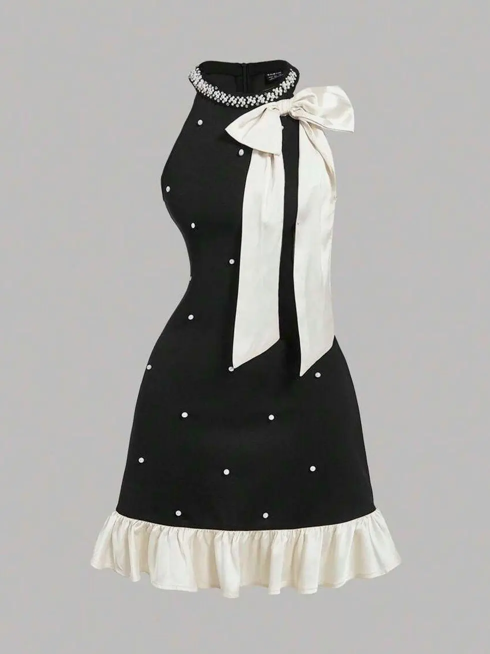 Women's Formal Bow Pearl Decor Mini Dress Winter Holiday Party Outfit