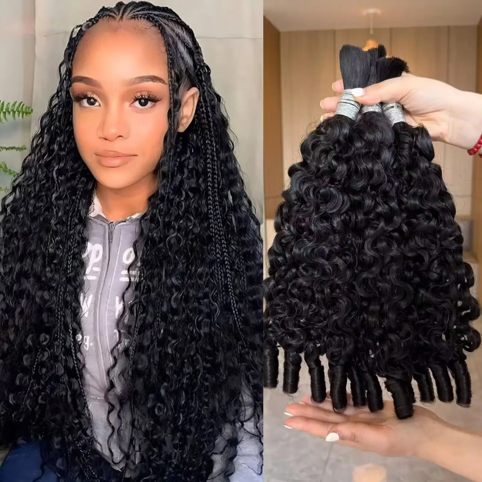 Msgem Female Boho Burmese Curly Bulk Human Hair for Braiding, Spiral Curly Ends for Knotless Braids, Salon-Quality No Weft, 100g, 1B Natural Black Human Hair Pieces