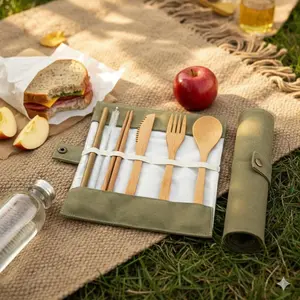 Portable Reusable Eco-Friendly Bamboo Travel Utensil Set | 4-Piece Kit with Charcoal Brush for Camping, Picnic & Outdoor Dining | Food-Grade, Mold-Resistant Tableware Outdoor Camping Supplies