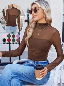 Women's Shiny Mesh Transparent Long Sleeve Ruched Top, Sexy High Neck, Fashion Versatile Casual Inner Wear, Stylish and Comfortable