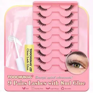 Half Lashes Wispy False Eyelashes with 8ml Clear Lash Glue 12mm Natural Cat Eye Lashes with Clear Band 9 Pairs D Curl Fluffy Fake Eyelashes