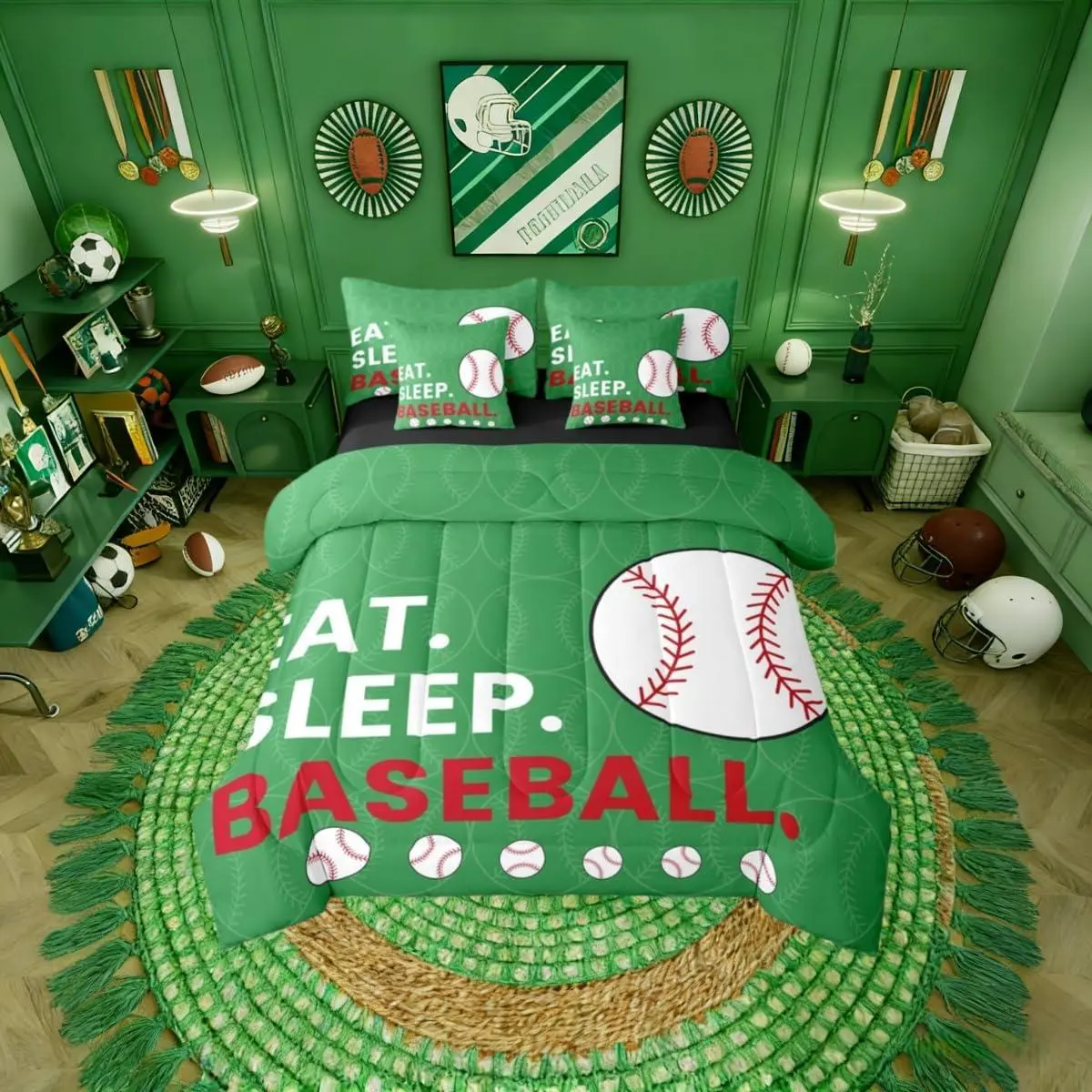 Games Kids Baseball Green Comforter Bed Set,7 Pieces White Red Gaming Bed Bag,Bedroom Softball Sports Bedding Set with ComforterBoys Girls Teens Bed Set