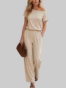 Women's Jumpsuit Off-Shoulder Elastic Waist Stretchy Loose Minimalist Comfy Clothes Casual Outdoor Lightweight Womenswear Pants Style Overalls summerwins