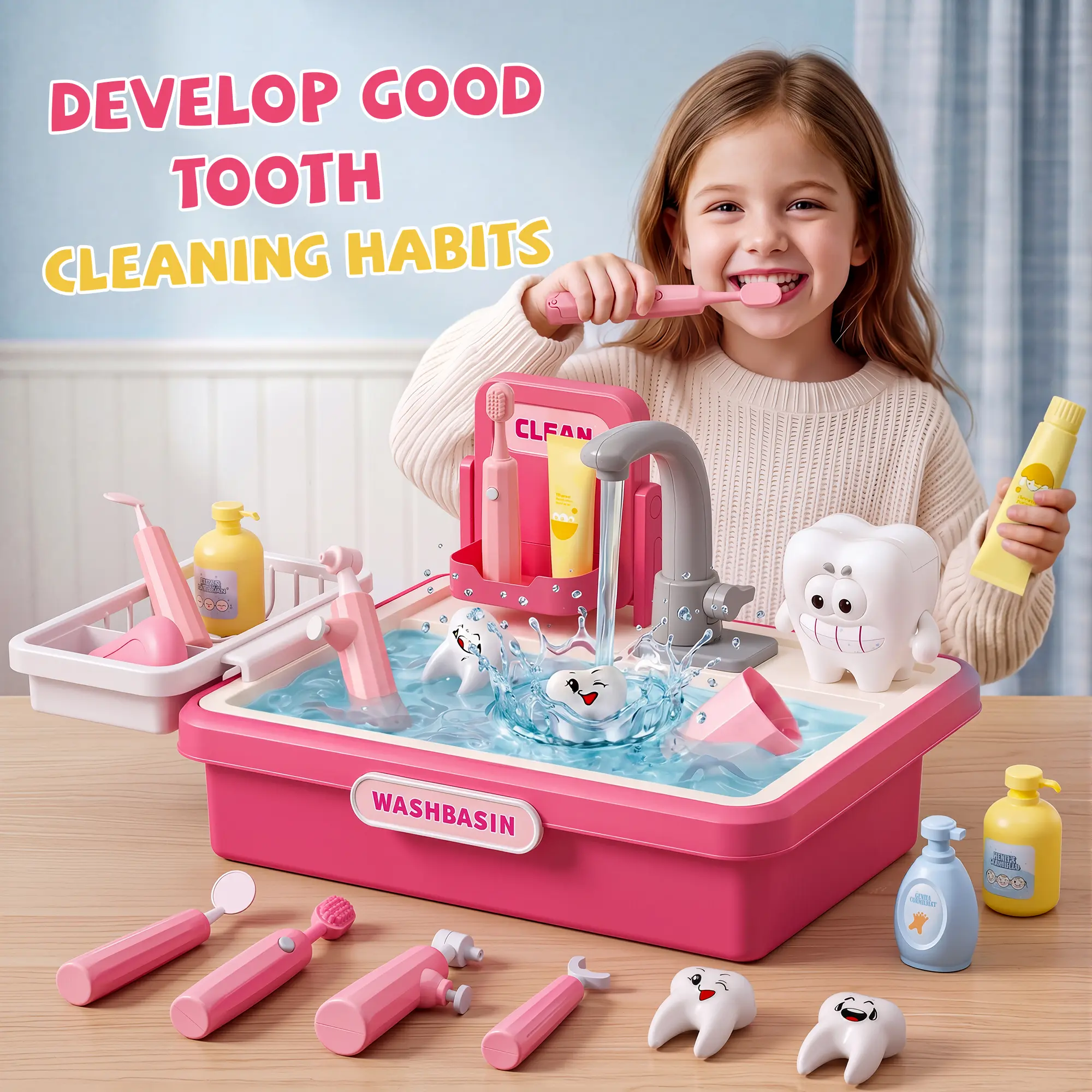 aopuro_us Unisex Dentist Pretend Playset Plastic Set for 3-6 Yrs - Battery-Operated Toothbrush, Toothpaste, Oral Tools Kit, Teeth Figures, Toddler Running Water Wash Basin, Educational Toy for Good Tooth Cleaning Habits, Dentist Playset, 4–6 Years