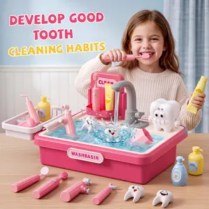 Kids Dental Care Pretend Play Toy Set - Battery-Operated Toothbrush, Toothpaste, Dental Tools, Toddler Wash Basin with Real Running Water, Educational Oral Hygiene Kit for Ages 3+ Boys & Girls