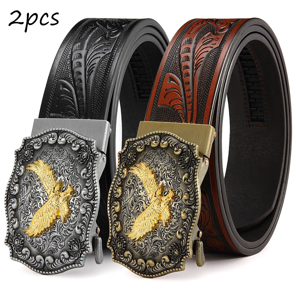 【2pcs】Automatic Ratchet Western Belt for Men | Cowboy Belt with Western Buckle | Ideal for Jeans & Business Wear | Perfect Christmas Gift Choice brown option