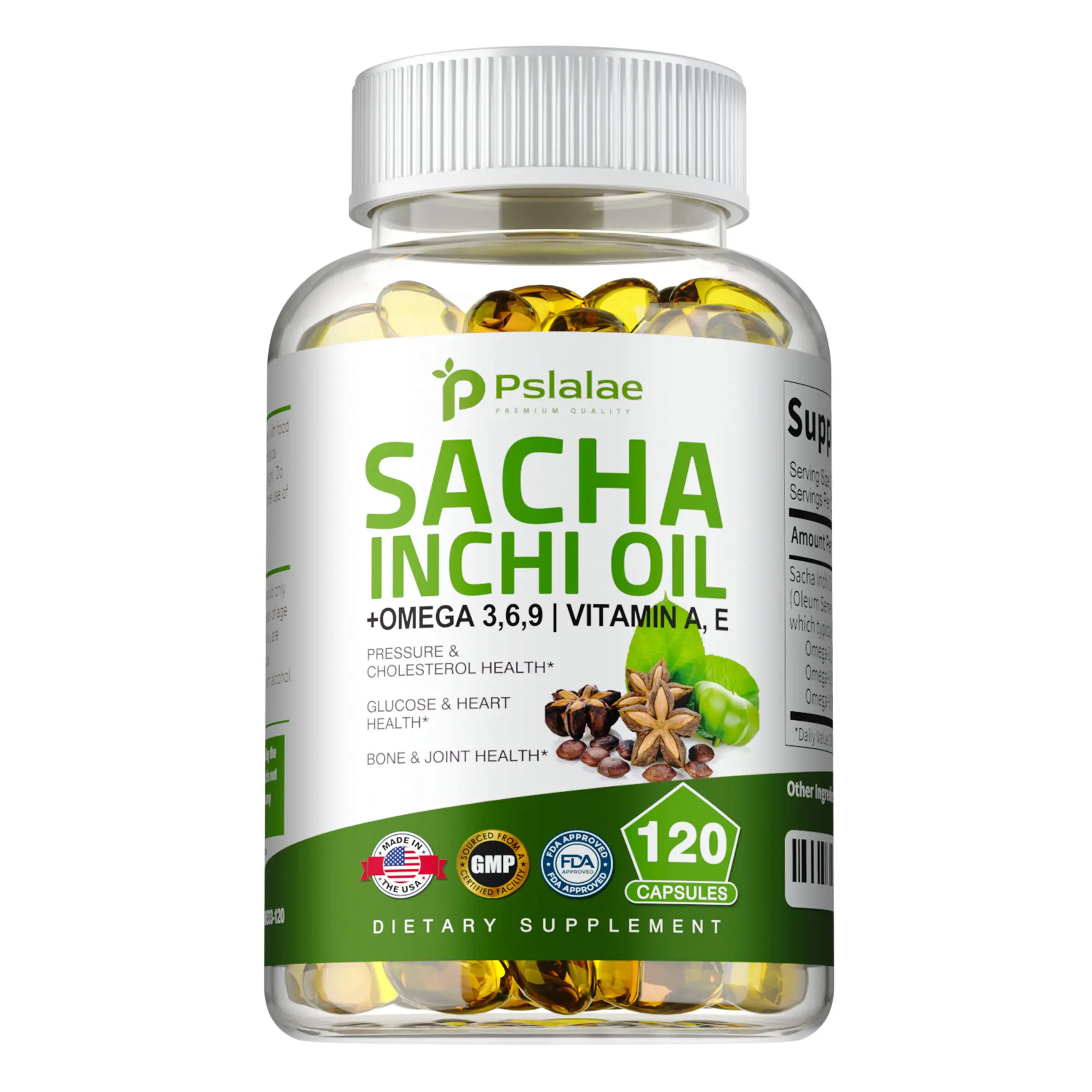 Pslalae Omega-3 dietary supplement, 120 capsules per bottle, contains 550 mg of premium Inca Inchi oil, supplements glucose and vitamins, and supports joint, bone, and heart health.