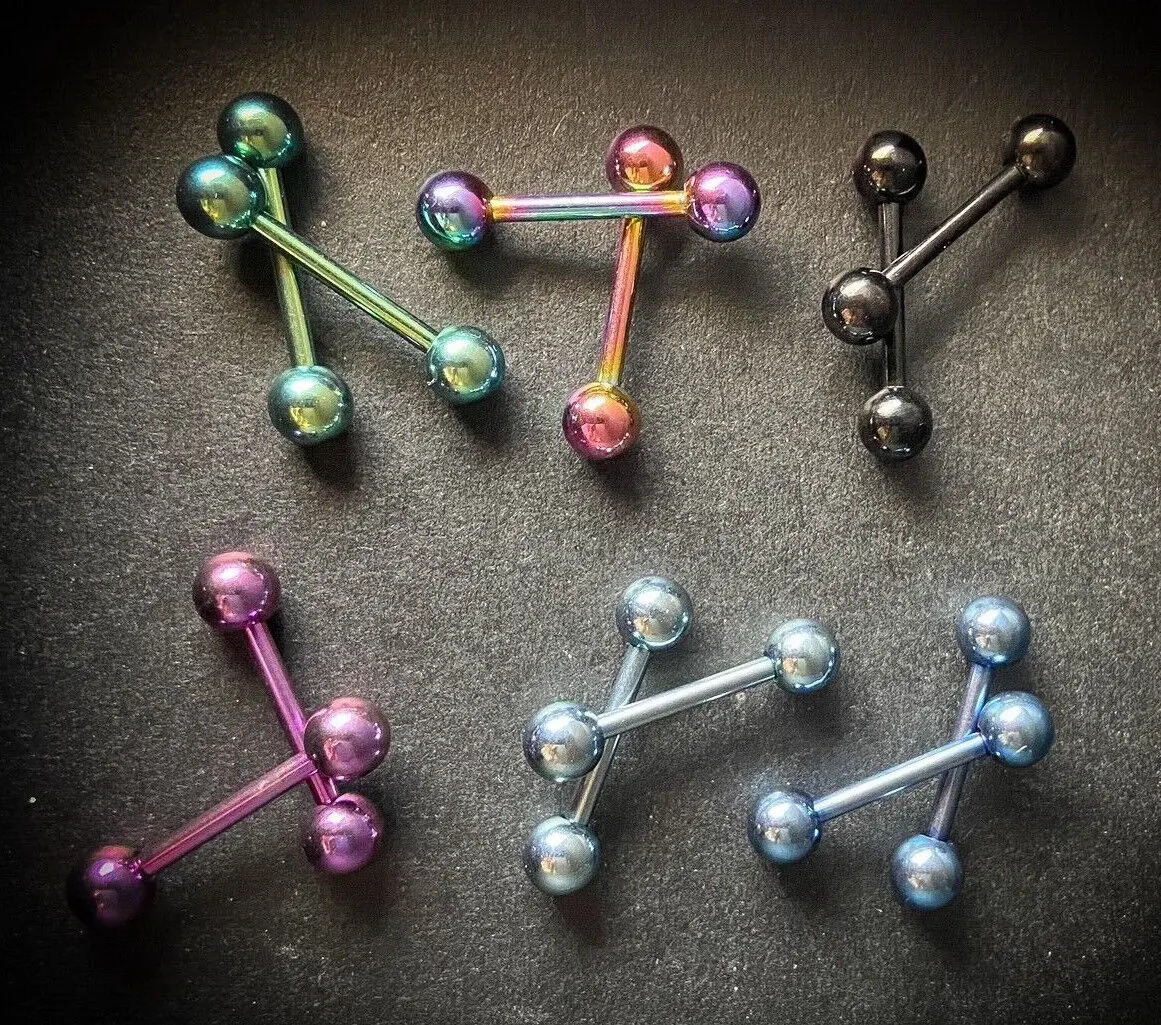 PAIR of Titanium Ion Plated Nipple or Tongue Ring Barbells 12mm 14mm 16mm 19mm