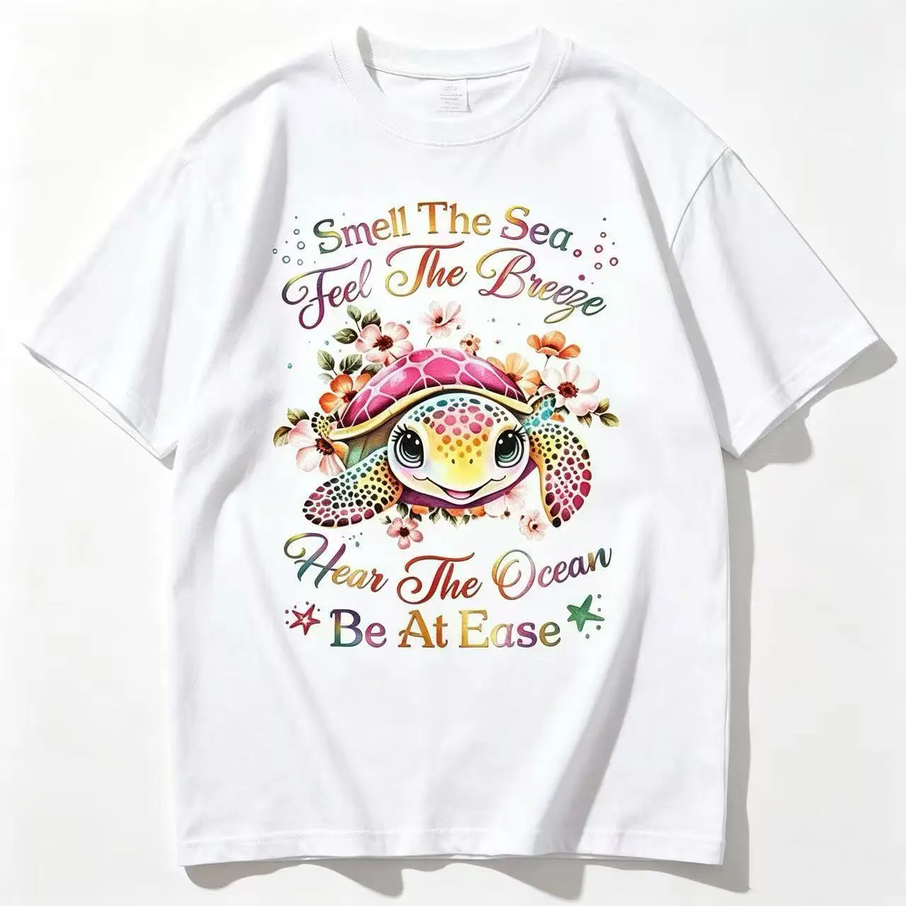 Unisex Colorful Floral Sea Turtle Ocean-Vibe Graphic Sports T-Shirt, Soft Breathable Short-Sleeve Casual Top, 4-Season Wear, S-5XL (Sports & Outdoor Clothing)