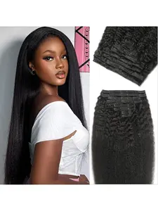 Yaki Straight Clip in Hair Extensions Real Human Hair 8pcs Kinky Straight Human Hair Clip in Extensions for Women Natural Color Brazilian Virgin Clip ins Hair Natural Looking Hair