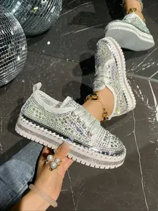 New Rhinestone Studded Platform Shoes for Women, Thick Sole Height Increasing Casual Sneakers, Trendy Sparkle Comfort Footwear Sports Shoes, Streetwear Shoes, Casual Trainers