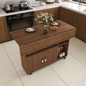 47 Inch Rolling Folding Dining Table, Multi-Functional Foldable Table with Storage Shelves & Universal Wheels, Space Saving Compact Desk Walnut Finish for Kitchen Dorm Office Home Use