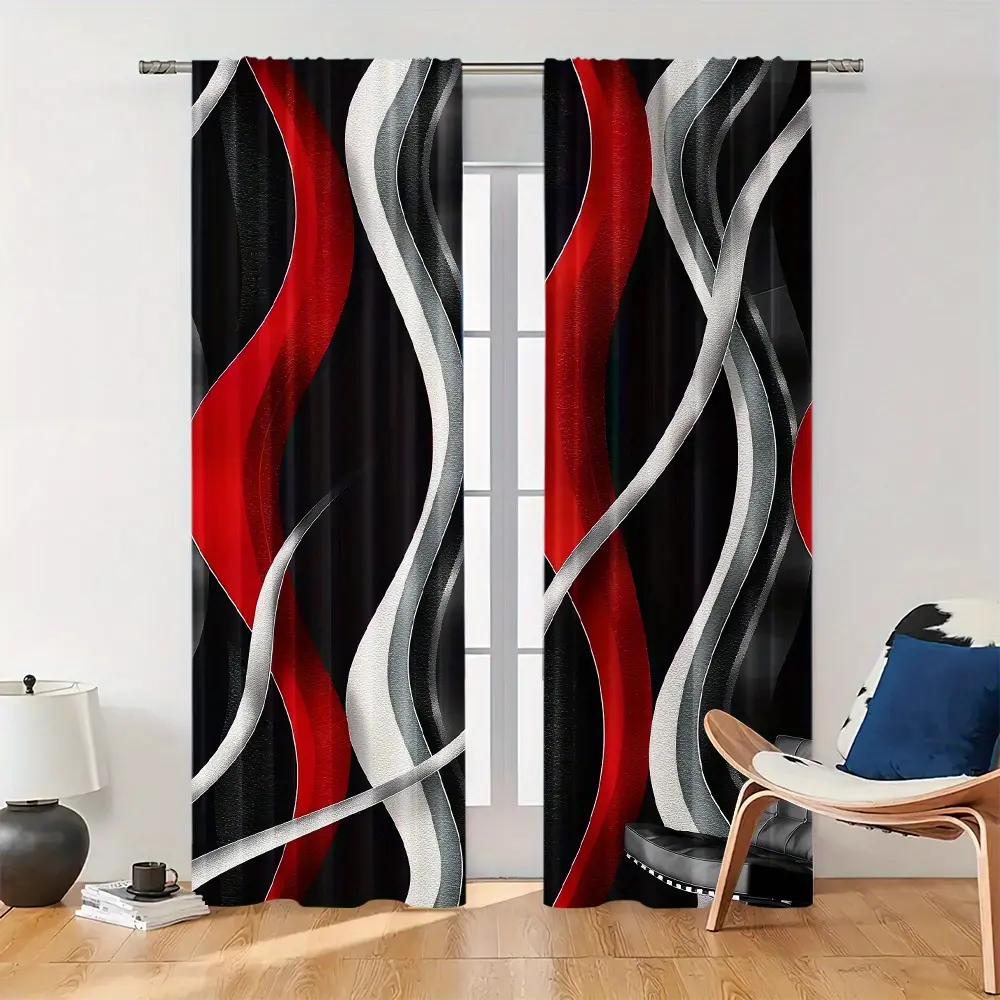 2-Piece set, red gray and black abstract geometric spiral pattern semi-blackout curtains, Heavy Window Curtain, Home Decorative Curtain, suitable for home decoration, pole bag design, modern art printing style