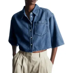 Women's Casual Collared Crop Denim Button-Up Shirt - Half-Sleeve Blouse with Pocket, Women's Jean Top Clothes