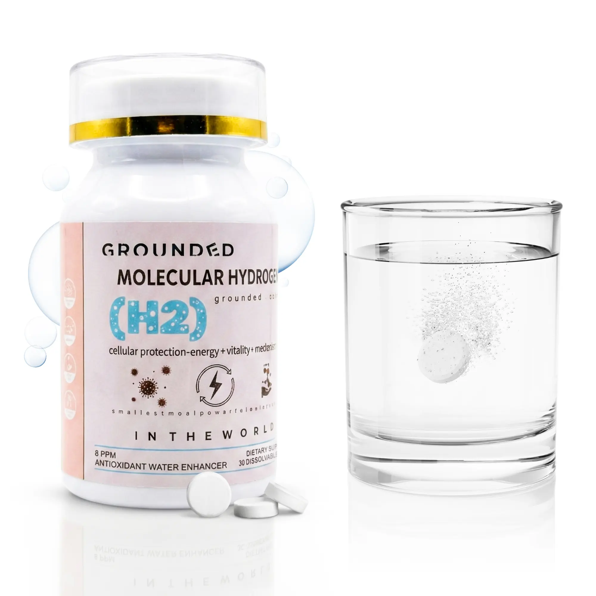Grounded Labs Ultra Molecular Hydrogen Water Tablets with Magnesium 8 PPM Antioxidant Drink for Energy Boost & Cellular Protection 30 Fast-Dissolving Tablets