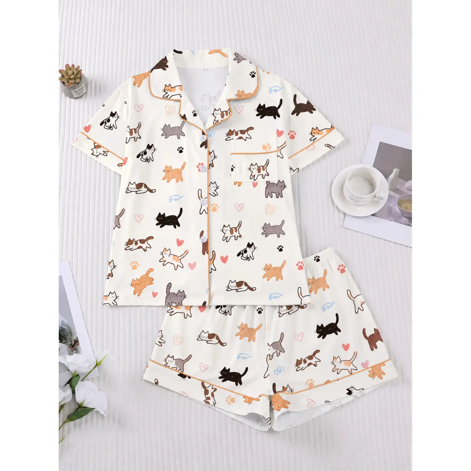 Women's Cartoon Cat Print Pajama Set - Comfortable Short Sleeve Button-Up Shirt & Elastic Shorts, Elegant All-Season Sleepwear Loungewear Pyjama Outfit