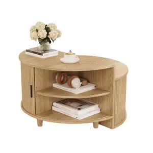 Giratree 31.5" Round Coffee Table with Storage, Fluted Modern Coffee Tables with Sliding Doors, Circle Accent Center Table for Living Room, Apartment, Home Office