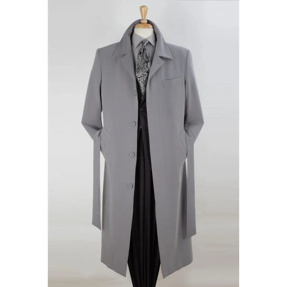 Mens Full Length Long Belted Overcoat in Grey