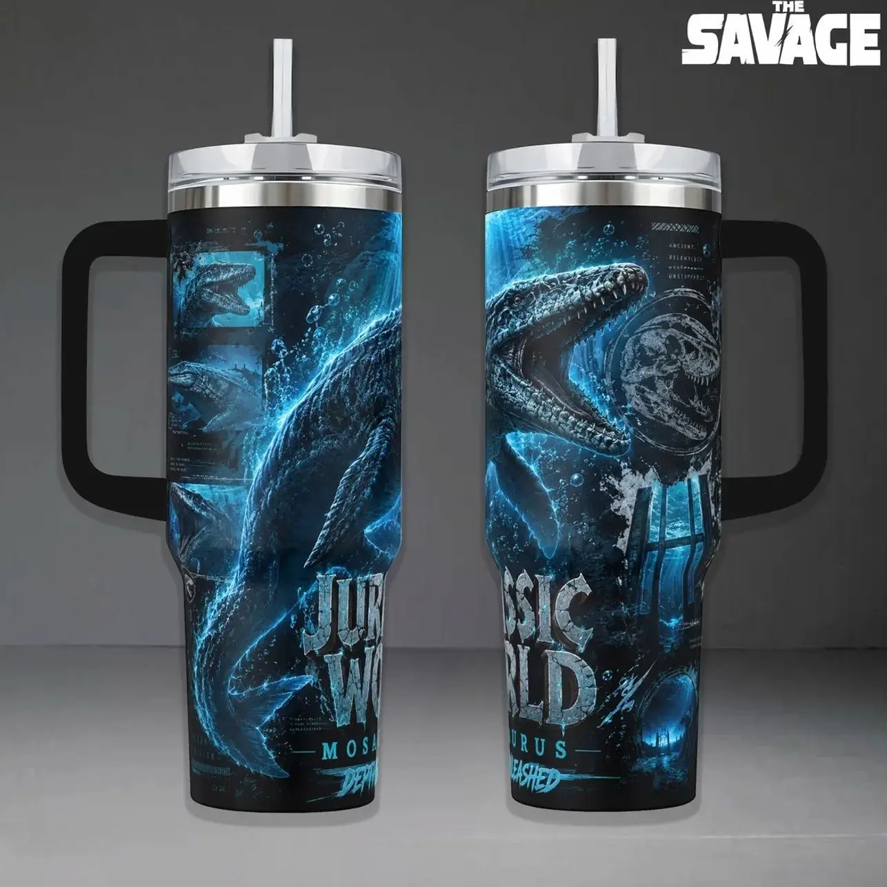 Jurassic World Depths Unleashed Tumbler, 40oz Insulated Travel Mug with Handle. Mosasaurus Deep Ocean Art Cup, Prehistoric Dinosaur Fan Merchandise, Perfect Gift for Sci-Fi and Movie Lovers